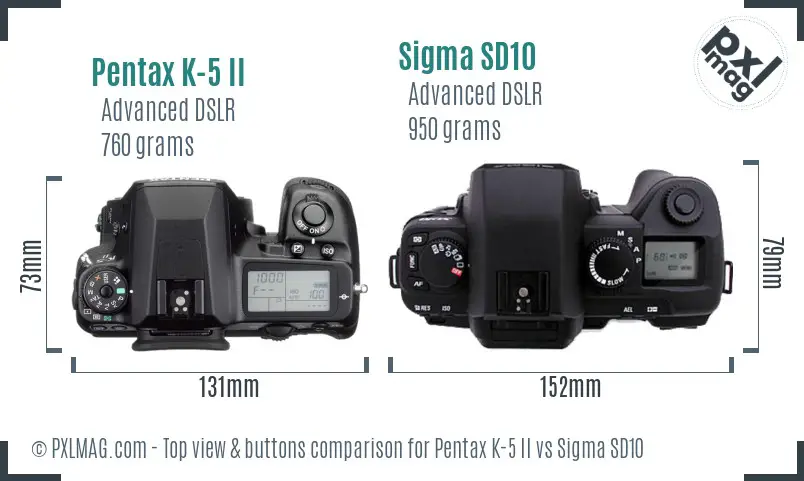 Pentax K-5 II vs Sigma SD10 top view buttons comparison