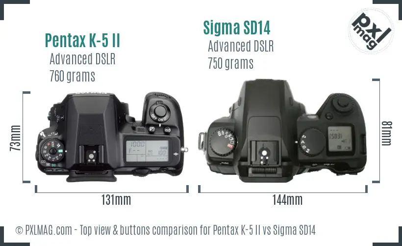 Pentax K-5 II vs Sigma SD14 top view buttons comparison