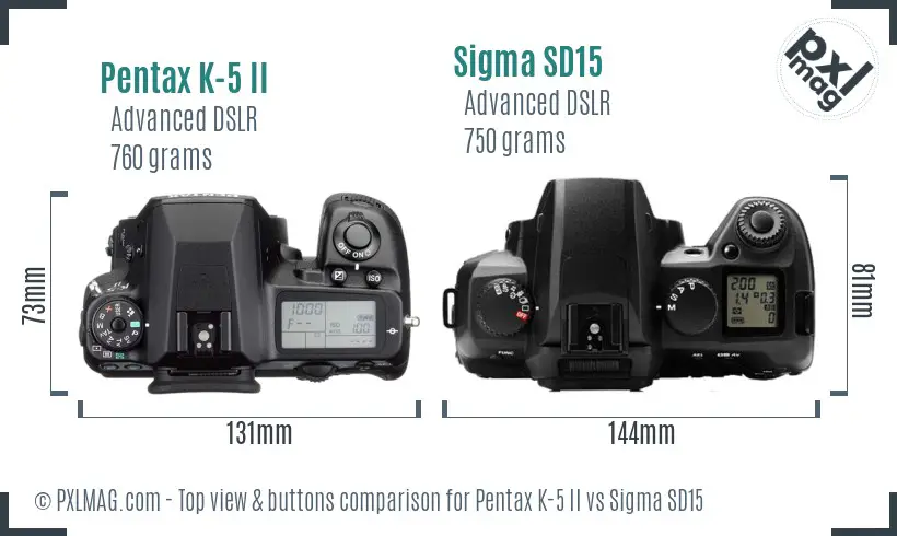 Pentax K-5 II vs Sigma SD15 top view buttons comparison