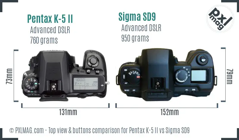 Pentax K-5 II vs Sigma SD9 top view buttons comparison