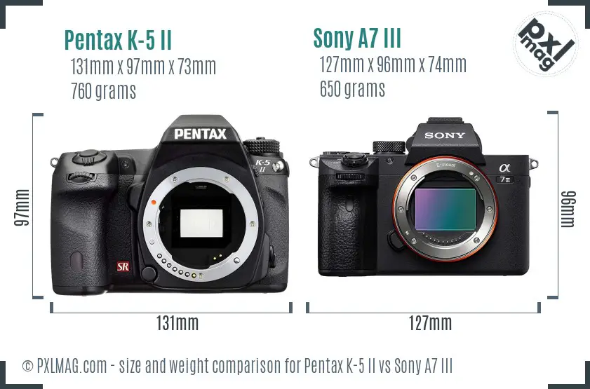Pentax K-5 II vs Sony A7 III size comparison