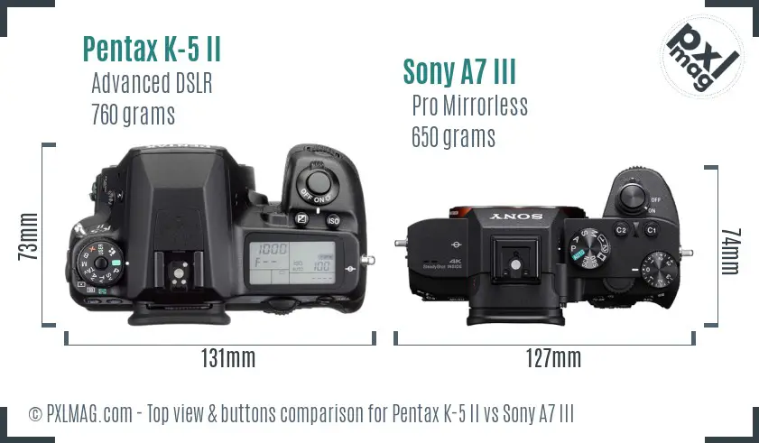 Pentax K-5 II vs Sony A7 III top view buttons comparison