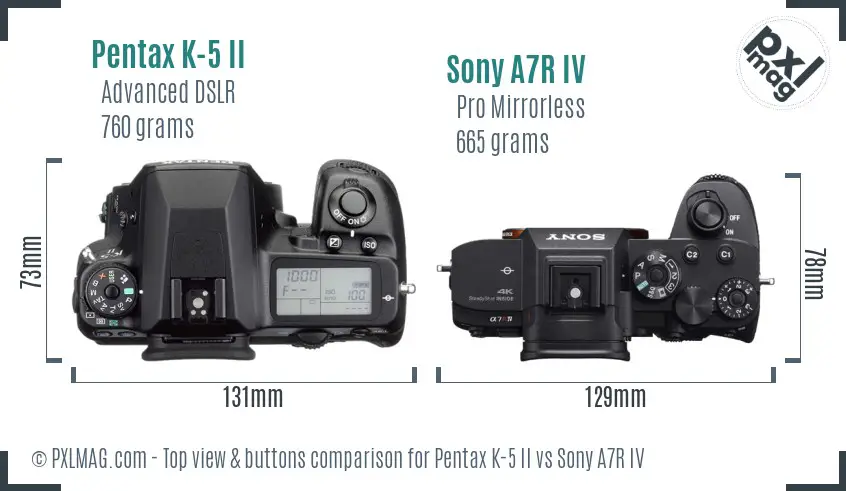 Pentax K-5 II vs Sony A7R IV top view buttons comparison