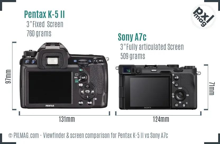 Pentax K-5 II vs Sony A7c Screen and Viewfinder comparison