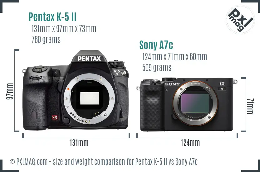 Pentax K-5 II vs Sony A7c size comparison