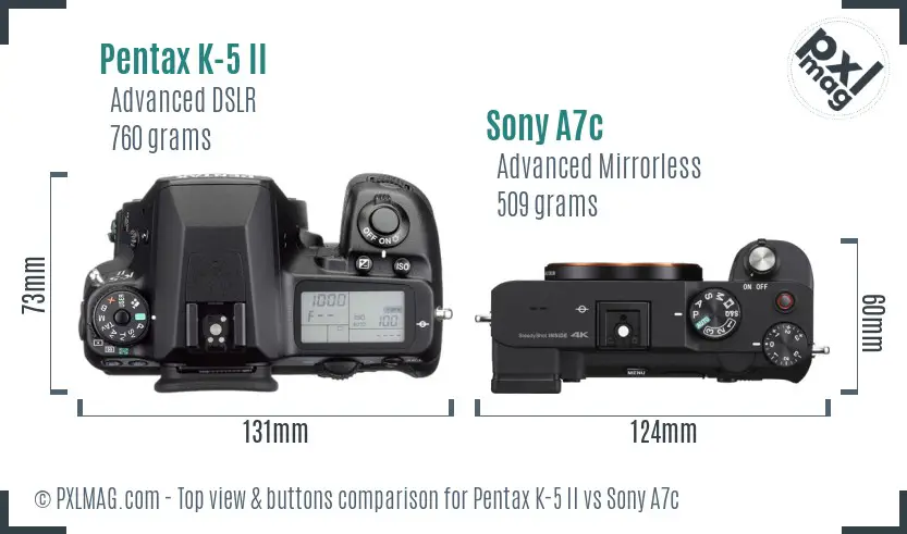 Pentax K-5 II vs Sony A7c top view buttons comparison