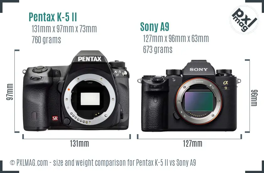 Pentax K-5 II vs Sony A9 size comparison