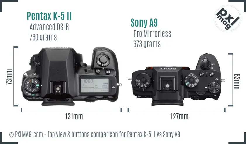 Pentax K-5 II vs Sony A9 top view buttons comparison