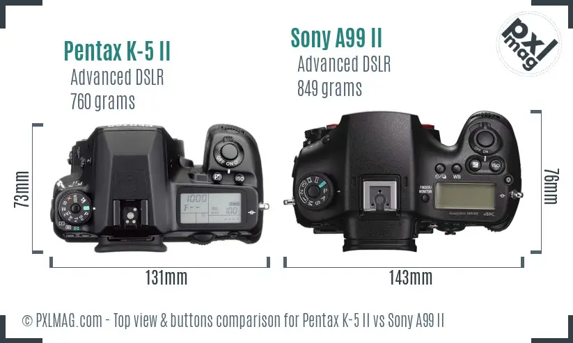 Pentax K-5 II vs Sony A99 II top view buttons comparison