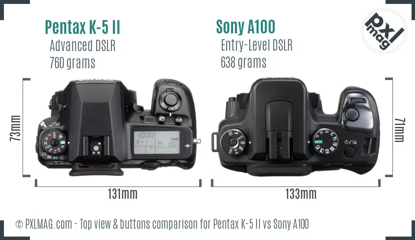 Pentax K-5 II vs Sony A100 top view buttons comparison