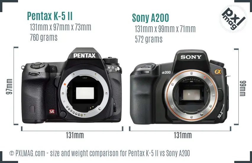 Pentax K-5 II vs Sony A200 size comparison