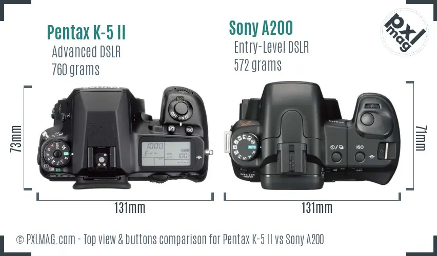 Pentax K-5 II vs Sony A200 top view buttons comparison