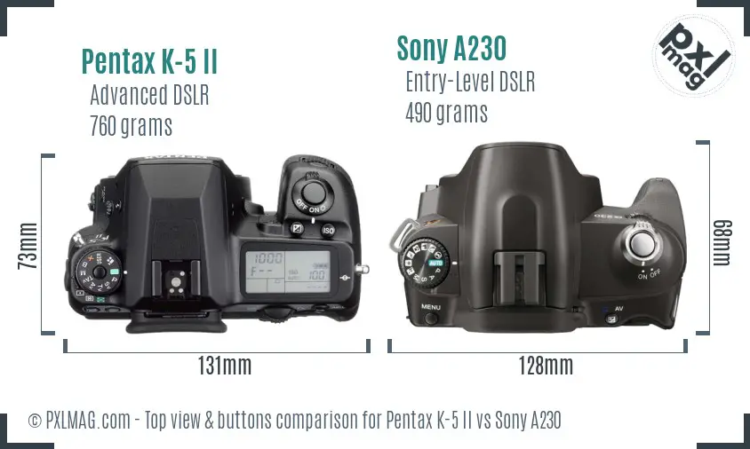 Pentax K-5 II vs Sony A230 top view buttons comparison