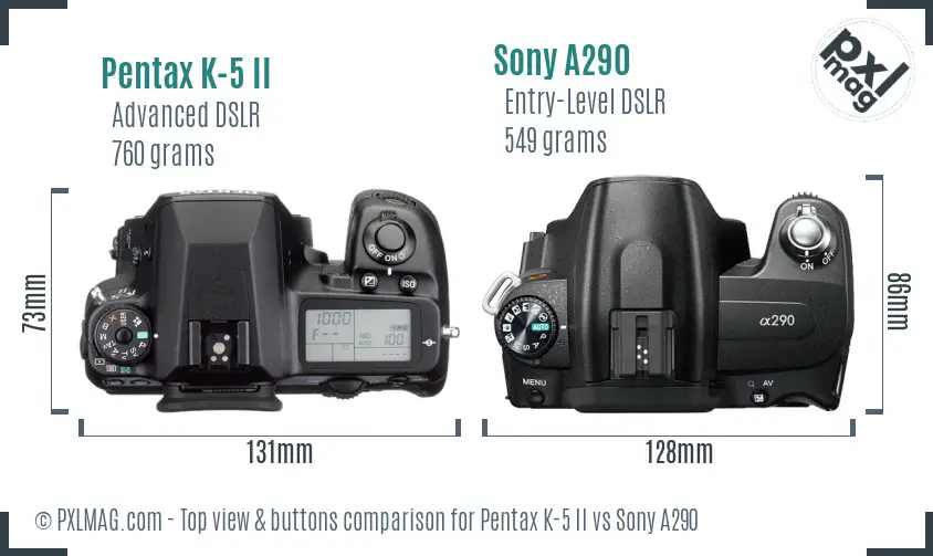 Pentax K-5 II vs Sony A290 top view buttons comparison