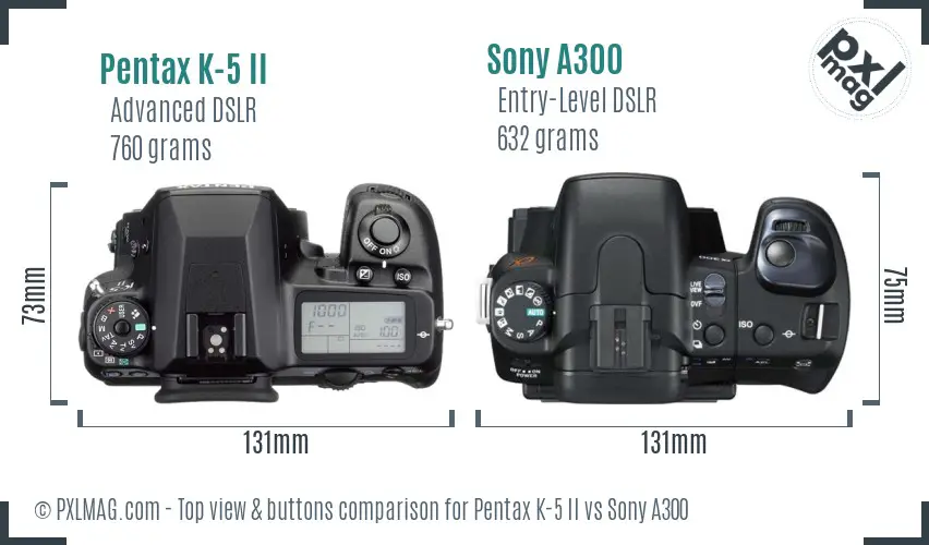 Pentax K-5 II vs Sony A300 top view buttons comparison