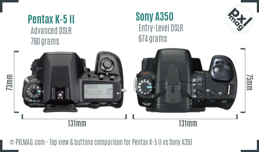 Pentax K-5 II vs Sony A350 top view buttons comparison Pentax K-5 II vs Sony A350 top view buttons comparison