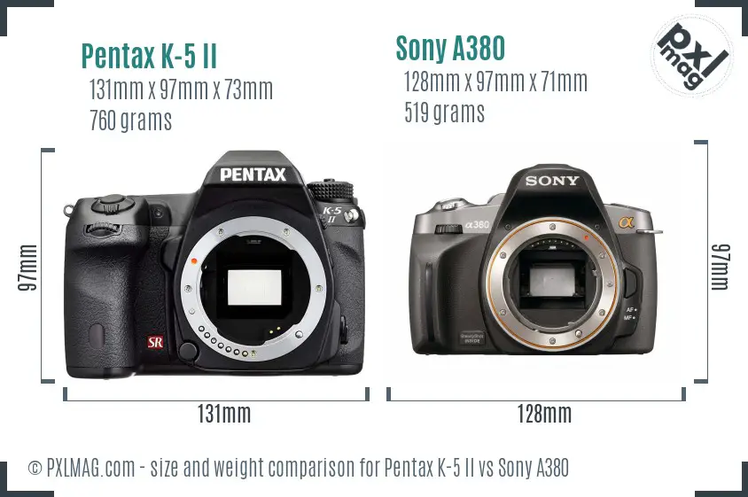 Pentax K-5 II vs Sony A380 size comparison Pentax K-5 II vs Sony A380 size comparison