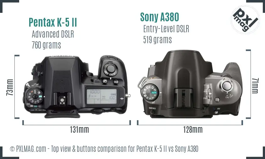 Pentax K-5 II vs Sony A380 top view buttons comparison Pentax K-5 II vs Sony A380 top view buttons comparison