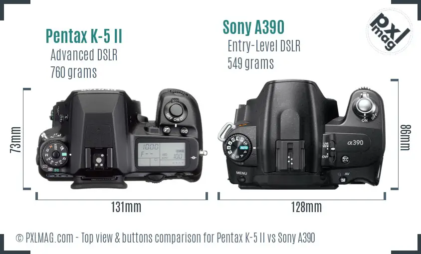 Pentax K-5 II vs Sony A390 top view buttons comparison