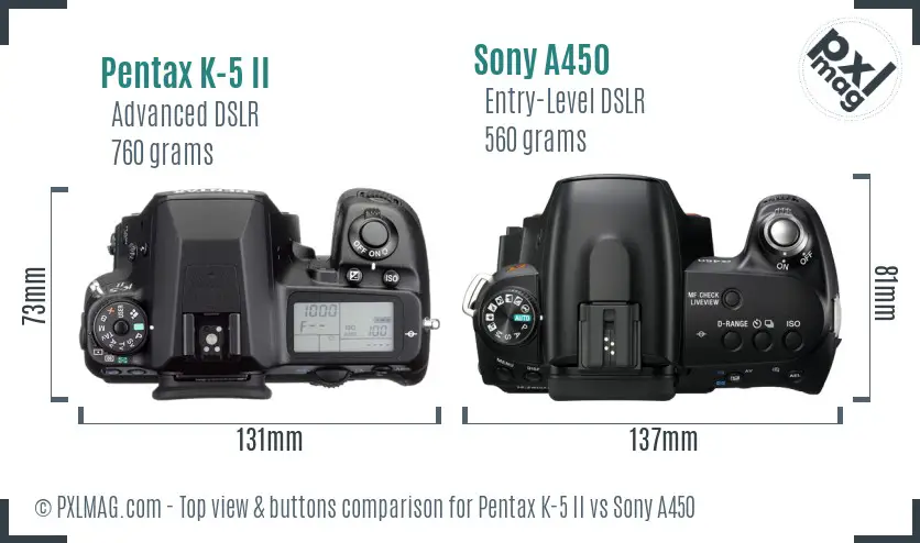 Pentax K-5 II vs Sony A450 top view buttons comparison