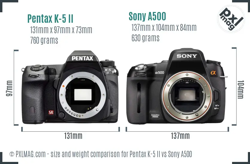 Pentax K-5 II vs Sony A500 size comparison