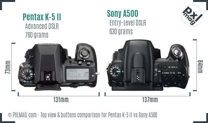 Pentax K-5 II vs Sony A500 top view buttons comparison