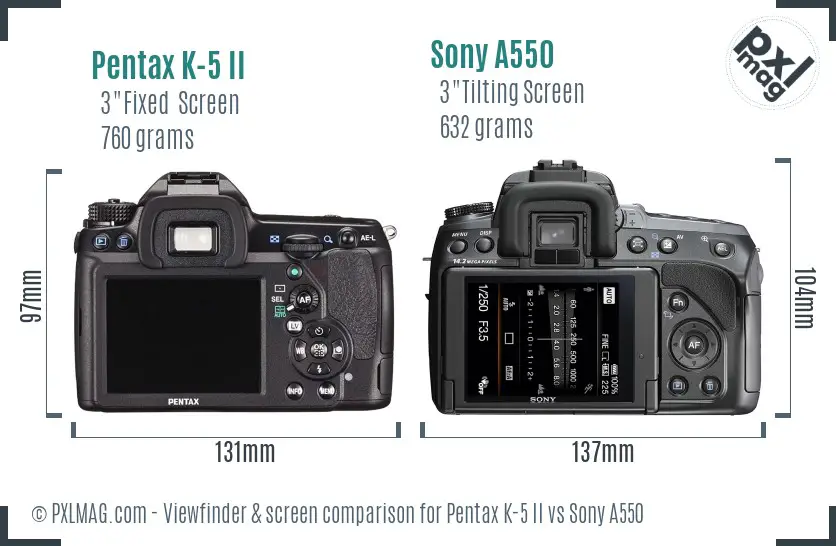 Pentax K-5 II vs Sony A550 Screen and Viewfinder comparison