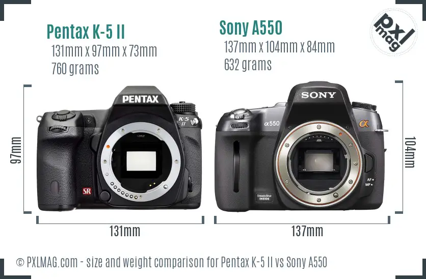 Pentax K-5 II vs Sony A550 size comparison