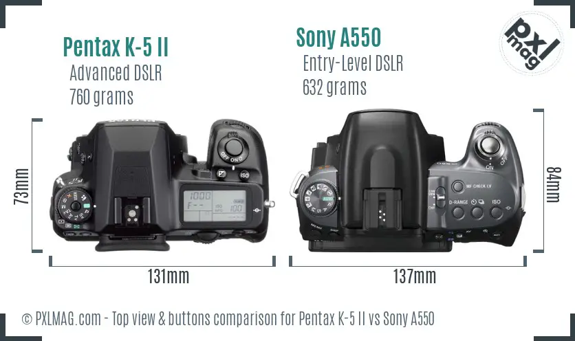 Pentax K-5 II vs Sony A550 top view buttons comparison