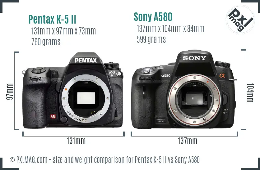 Pentax K-5 II vs Sony A580 size comparison Pentax K-5 II vs Sony A580 size comparison