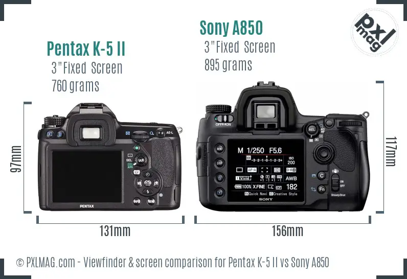 Pentax K-5 II vs Sony A850 Screen and Viewfinder comparison