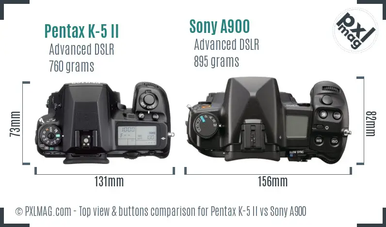 Pentax K-5 II vs Sony A900 top view buttons comparison