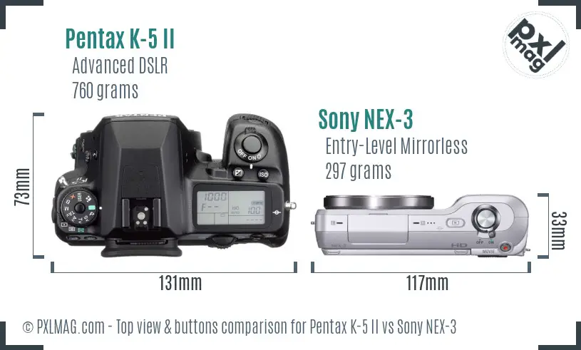 Pentax K-5 II vs Sony NEX-3 top view buttons comparison Pentax K-5 II vs Sony NEX-3 top view buttons comparison