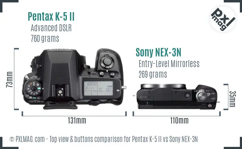 Pentax K-5 II vs Sony NEX-3N top view buttons comparison Pentax K-5 II vs Sony NEX-3N top view buttons comparison