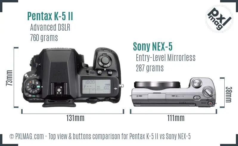 Pentax K-5 II vs Sony NEX-5 top view buttons comparison