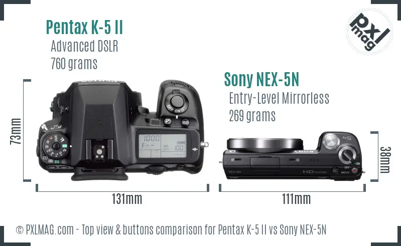 Pentax K-5 II vs Sony NEX-5N top view buttons comparison