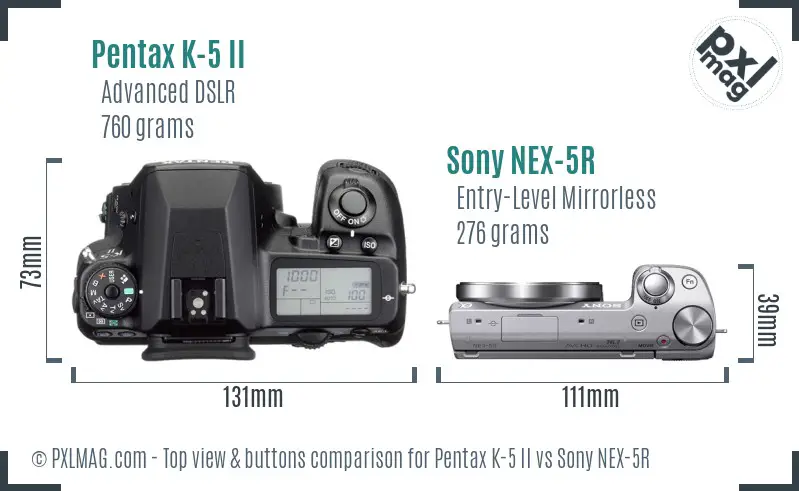 Pentax K-5 II vs Sony NEX-5R top view buttons comparison