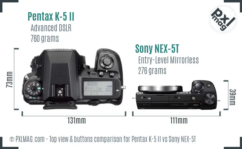 Pentax K-5 II vs Sony NEX-5T top view buttons comparison