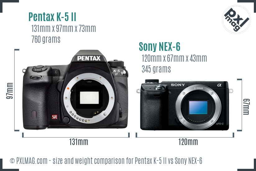 Pentax K-5 II vs Sony NEX-6 size comparison