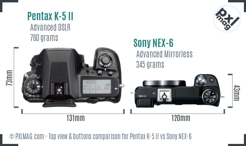 Pentax K-5 II vs Sony NEX-6 top view buttons comparison