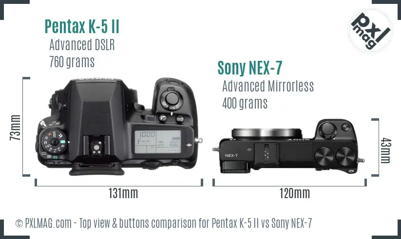 Pentax K-5 II vs Sony NEX-7 top view buttons comparison