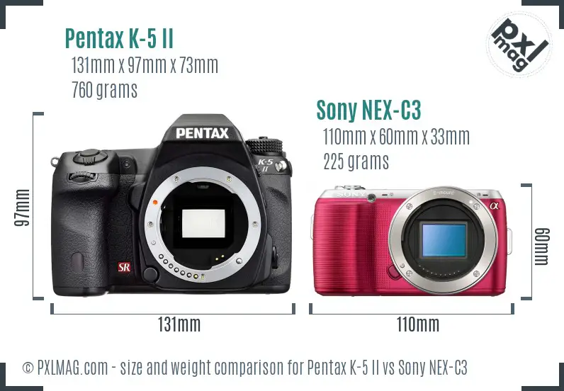 Pentax K-5 II vs Sony NEX-C3 size comparison