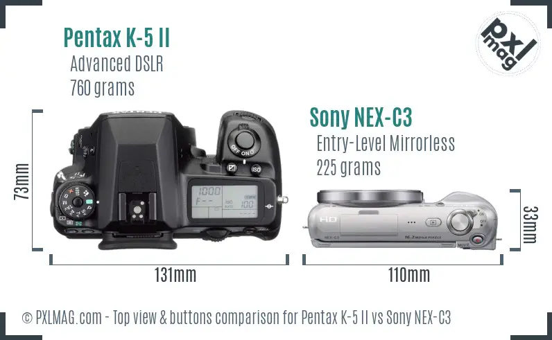 Pentax K-5 II vs Sony NEX-C3 top view buttons comparison