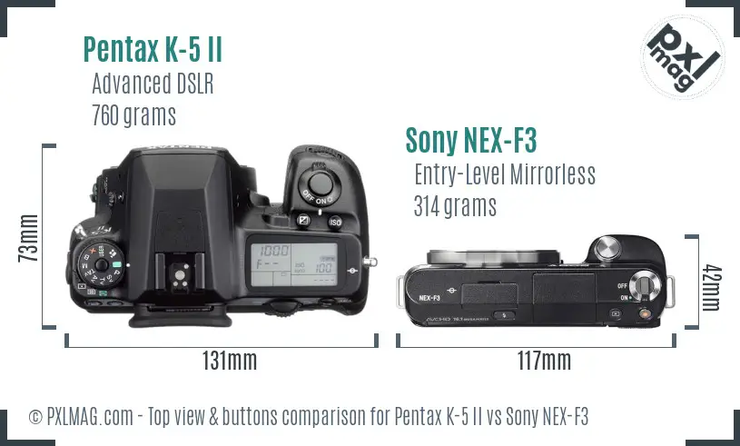 Pentax K-5 II vs Sony NEX-F3 top view buttons comparison