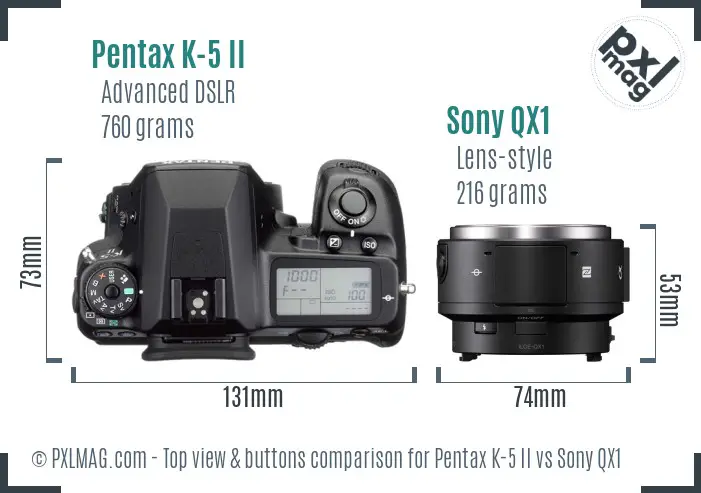 Pentax K-5 II vs Sony QX1 top view buttons comparison