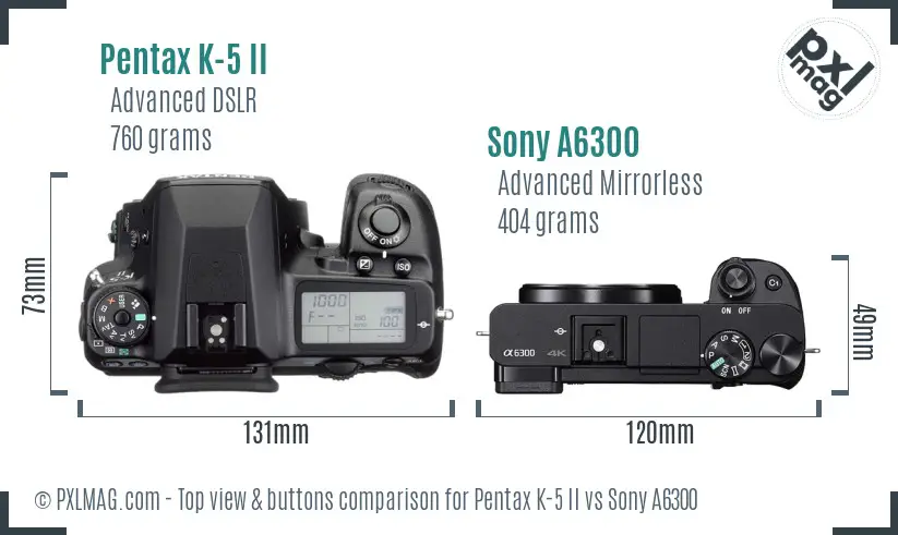 Pentax K-5 II vs Sony A6300 top view buttons comparison