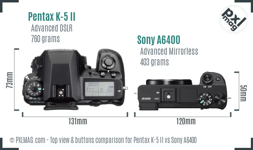 Pentax K-5 II vs Sony A6400 top view buttons comparison