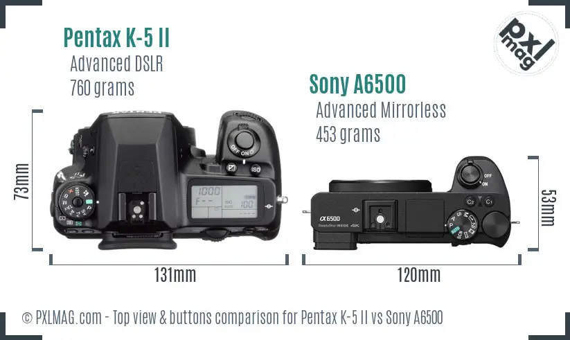 Pentax K-5 II vs Sony A6500 top view buttons comparison