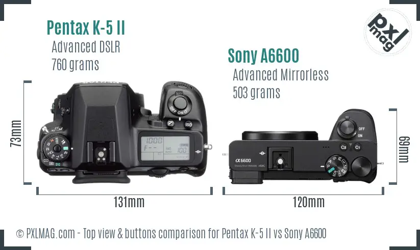 Pentax K-5 II vs Sony A6600 top view buttons comparison