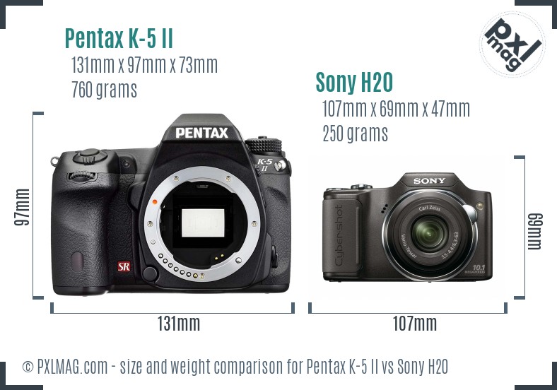 Pentax K-5 II vs Sony H20 size comparison